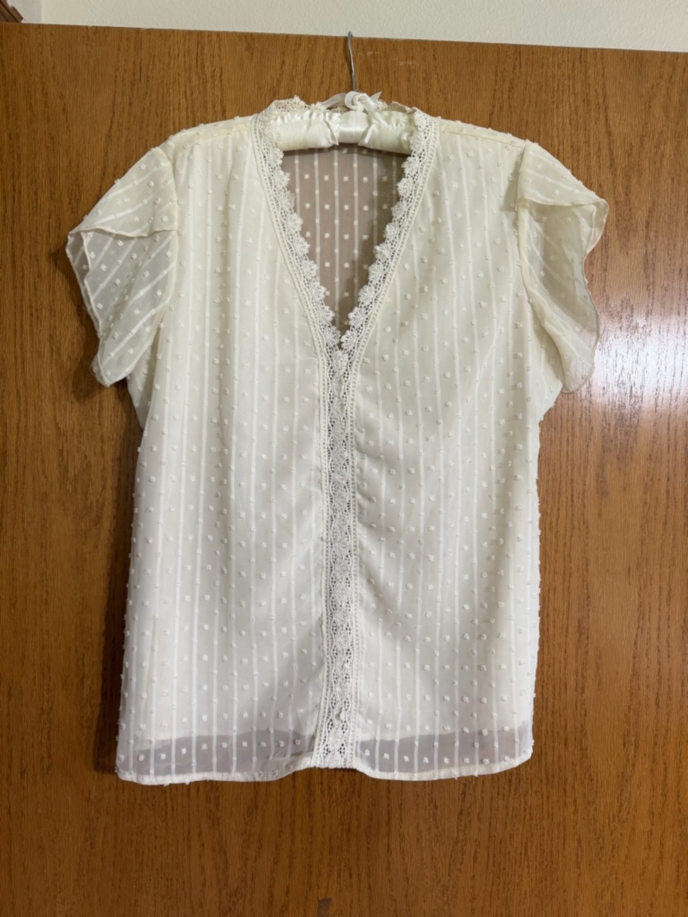 Ivory Swiss Dot Lace Trim Blouse L